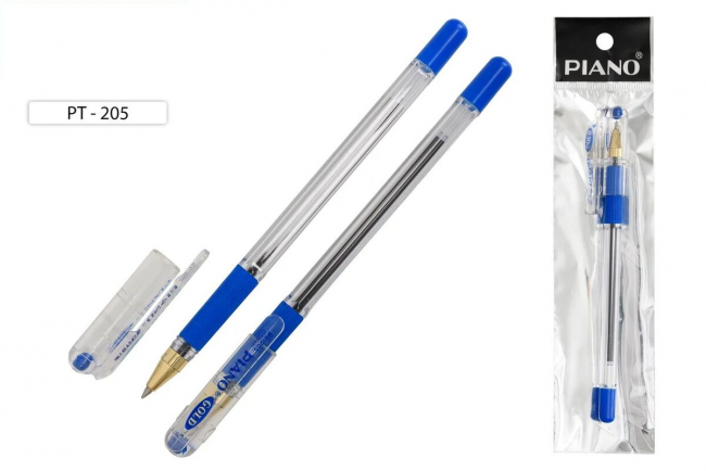Ручка шариковая: на масляной основе, "Piano GOLD", в индивидуальной упаковке с  европодвесом, прозрачный корпус, резиновый рефлённый держатель, наконечник золотистого цвета, игольчатый стержень, прозрачный колпачок, толщина пишущего наконечника 0,5 mm, цв