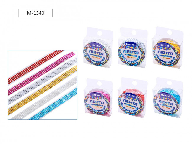 Лента 50см х 1.5см клейкая, декоративная со стразами,микс цветов, Mazari/M-1340 (24)