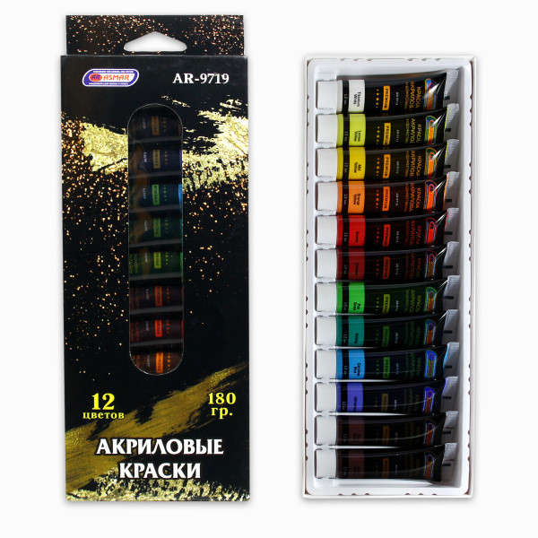 Краски акриловые 12цв, в тюбиках, Asmar