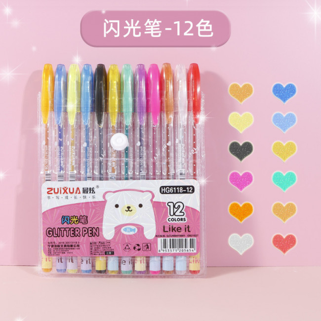 Набор гелевых ручек, 1,0мм 12цв ароматизированные, неоновые, с блёстками, ZUIXUA/HG6118-12