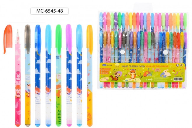 Набор гелевых ручек 48цв МС-6545-48 ароматизированные, с блёстками, пастельные,металлик, неон  "Лисята", Basir (9)