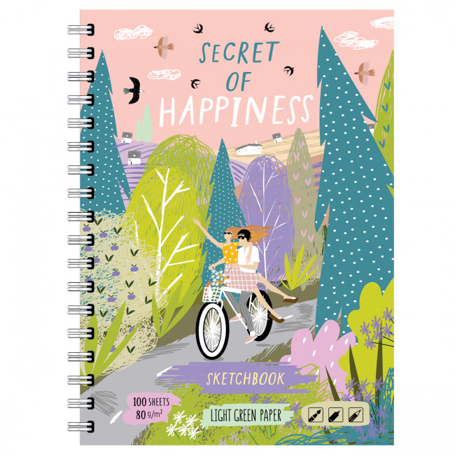 Скетчбук А5 обложка твёрдая 100л. "Секрет счастья" ламинация матовая, гребень, салатовый тонированный блок