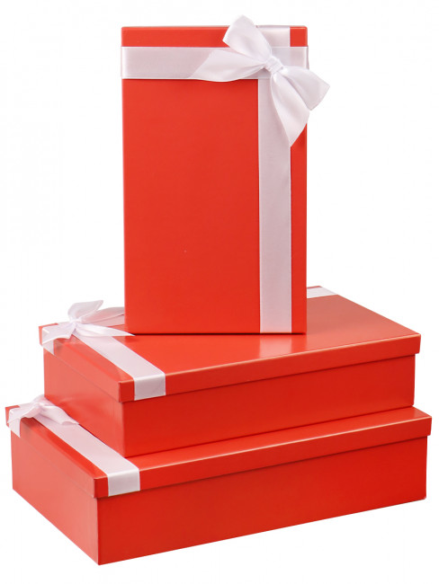 Набор прямоугольных коробок "Однотонные красные с лентой (бел.)"3в1(19х12х7,5-15х10х5см) КОР-4553