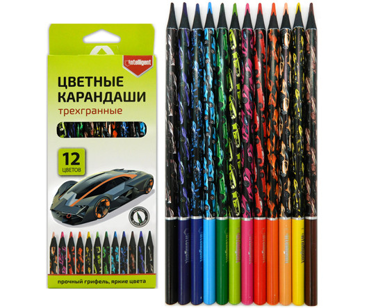Карандаши 12 цв.  INTELLIGENT DB-5556 "Авто" трехгранные, деревянный лакированный корпус, заточенные, в к/кор (1/12/240)