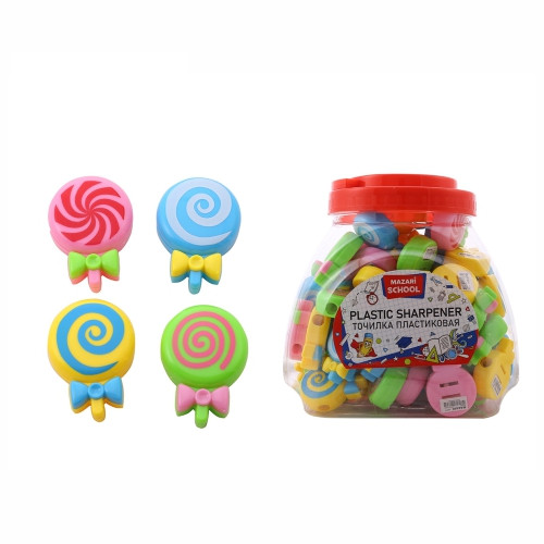 Точилка пластиковая BONBON, 1 отверстие для заточки, с контейнером для стружки, ассорти 4 цвета, пластиковая банка