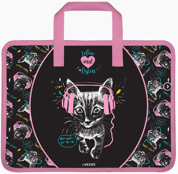 Папка для тетрадей, ИЗО и технологии "deVENTE. Music Kitty" A4 (33,5x26x10 см) с текстильным расширением 10 см, на молнии сверху, пластик 400 мкм, текстильные ручки
