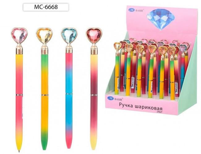 Ручка шариковая синяя, с поворотным механизмом, наконечник-крупный кристал-сердце, Basir/МС-6668 (24)