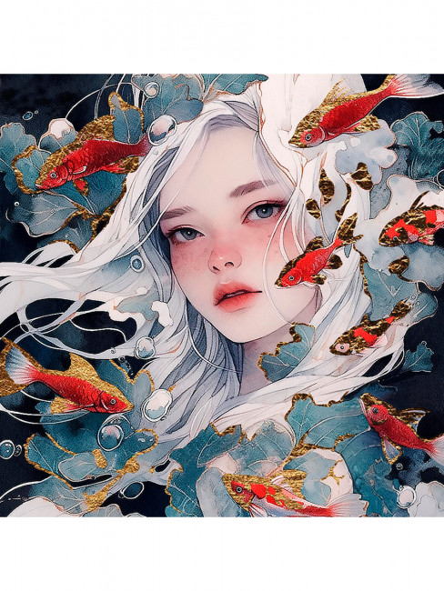 Набор для рисования по номерам 40х40 "Девушка с рыбками" 30 цветов, с зол.поталью, Рыжий Кот/Х-4231