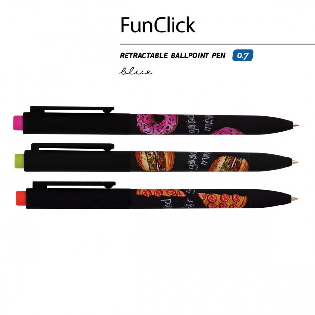 Ручка автоматическая 0,7мм синяя "FunClick. Food in black", 3 вида ассорти, BV/20-0297/04 (27)