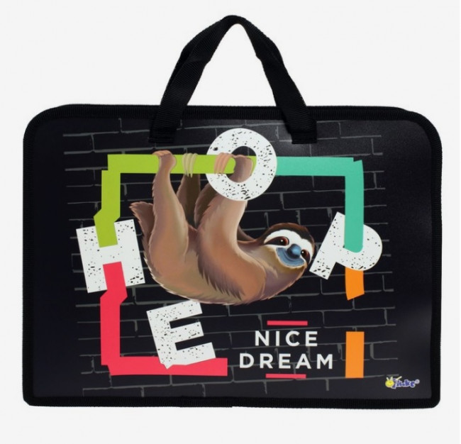 Папка с ручками А4 "Забавный ленивец", пластик, на молнии, 75мм