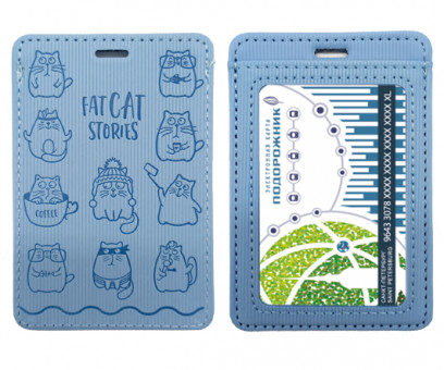 Обложка для проездного билета DC-819 голубая "Истории кота" 2 кармана, А7, экокожа с тиснением (2/1000)
