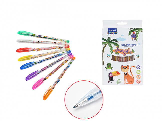 Набор ручек гелевых с блёстками JUNGLE, с ароматизированными чернилами, 8 цв., пулевидный пиш.узел 0.9мм, корпус пластиковый цветной, в картонной коробке с европодвесом Набор ручек гелевых с блёстками JUNGLE, с ароматизированными чернилами, 8 цв., пулевидный пиш.узел 0.9мм, корпус пластиковый цветной, в картонной коробке с европодвесом