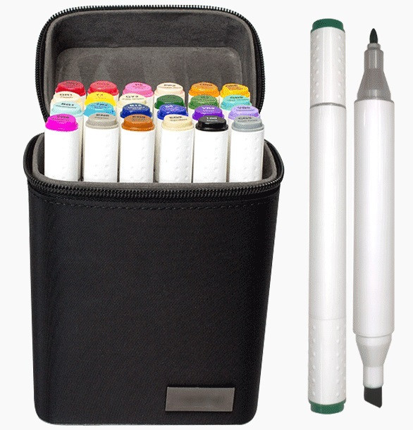 Набор маркеров для скетчинга "deVENTE. Emotion" 24 цвета, двусторонние (пулевидный 1 мм/скошенный до 5 мм), эргономичный трёхгранный корпус, чернила на спиртовой основе, в текстильной сумке