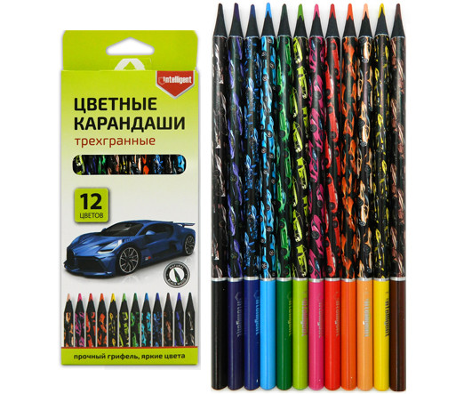 Карандаши 12 цв.  INTELLIGENT DB-5557 "Авто" трехгранные, деревянный лакированный корпус, заточенные, в к/кор (1/12/240)