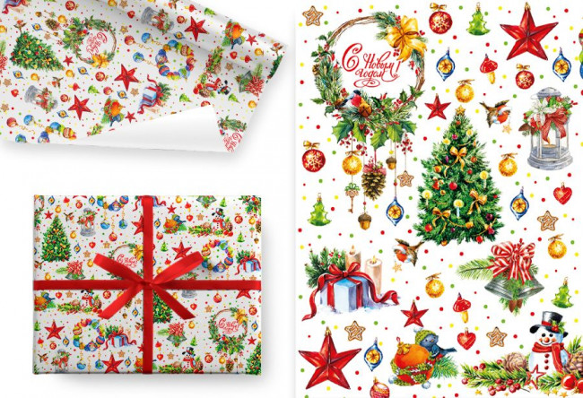 Бумага глянцевая НГ 80гр/м2, 100см х 70см, Новогодний венок (5 лист./рул.)