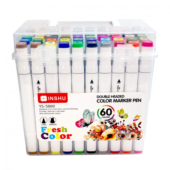 Набор маркеров для скетчинга двусторонние 60 цв., в пластиквом пенале, Inshu/YS5860 (18)