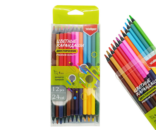 Карандаши 12 шт. 24цв.  INTELLIGENT DA-24 Двусторонние, 3х-гранные, деревянные, заточенные, в упаковке ПВХ (1/12/144)
