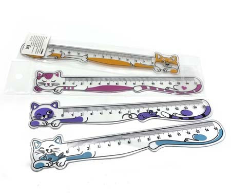 Линейка 15 см. пластиковая CO-5/CI-215 фигурная "Длинные коты" цвета в ассортименте, в ПВХ-пакете (10/100/1000)