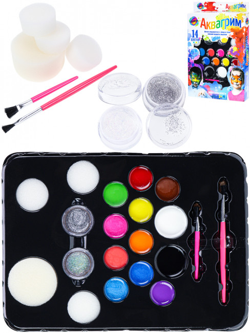 Набор аквагрима для детей(12 цветов, гель для тела -2шт, спонж-4шт, кисть-2шт, Рыжий Кот/КС-4629 Набор аквагрима для детей(12 цветов, гель для тела -2шт, спонж-4шт, кисть-2шт, Рыжий Кот/КС-4629