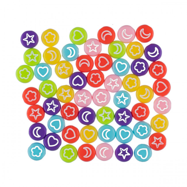 Бусина 4 х 7мм, пластик, №01 цветные/белые символы, 50 шт, Hobbius/ABFB-03 №01 Бусина 4 х 7мм, пластик, №01 цветные/белые символы, 50 шт, Hobbius/ABFB-03 №01