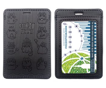 Обложка для проездного билета DC-821черная "Истории кота" 2 кармана, А7, экокожа с тиснением (2/1000)