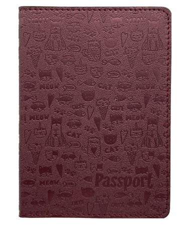 Обложка для паспорта "Котики" бордовый,кожа, тиснение, CE-6018 (2/2/500)