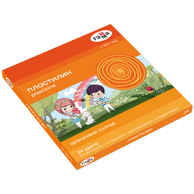 Пластилин Гамма "Оранжевое солнце", 24 цвета (6 классич., 6 с блестк., 6 перл., 6 флуор.), 312г, со стеком (10)