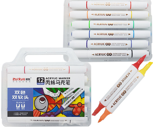 Маркер акриловый 12 цв. 6шт Zuixua DD-320 Двусторонние (кисть+скошенный) 1-7мм, белый трехгранный корпус, в пластиковом футляре №ZX614-12 (1/60/120)