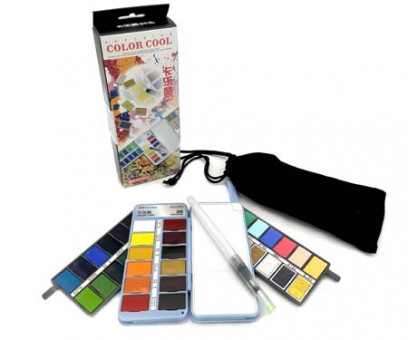 Краска  акварель 36 цв. CF-101 "Веер" ГОЛУБОЙ, кисть с резервуаром для воды, губка  в комплекте, в к/кор (1/1/48)