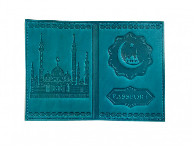 Обложка на паспорт WENZER OFFiCE из натуральной кожи "краст" с тиснением мечеть мусульманская, бирюза