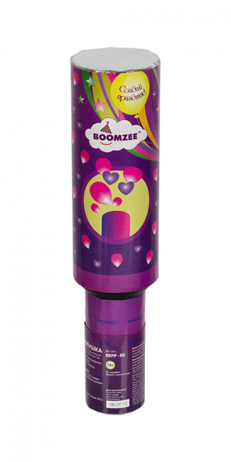 Пневмохлопушка 30см, с лепестками роз и фольгированными сердцами, BOOMZEE/BRPP-30