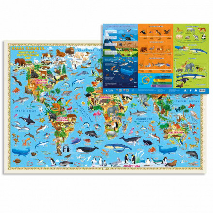 Карта Мира настенная двухсторонняя "Наша планета. Животный и растительный мир" 58х38 см ламин., Геодом