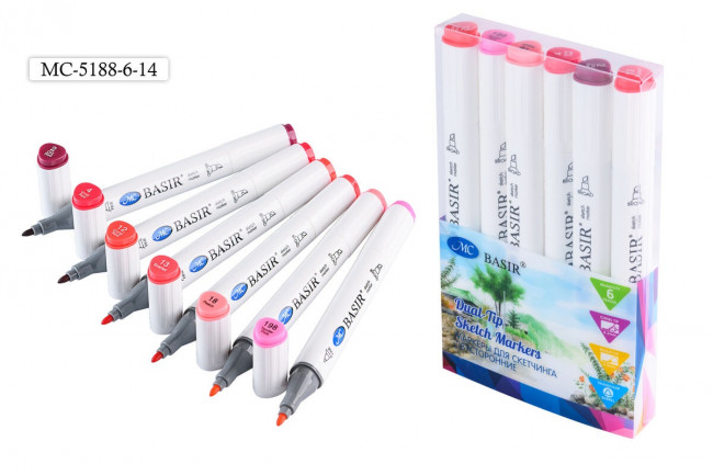 Набор скетчмаркеров: "Red" (красные и розовые тона); двусторонние,1,0-7,0 mm; белый треугольной формы корпус; на спиртовой основе; пластиковая упаковка, 6 цветов.