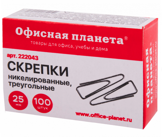 Скрепки 25 мм ОФИСНАЯ ПЛАНЕТА, никелированные, треугольные, 100 шт., в картонной коробке