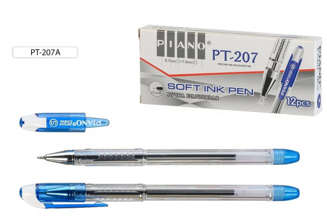 Ручка шариковая: на масляной основе, "Piano", прозрачный корпус, игольчатый наконечник,синий колпачок с серебристой вставкой /синяя/толщина пишущего наконечника 0,5 мм.