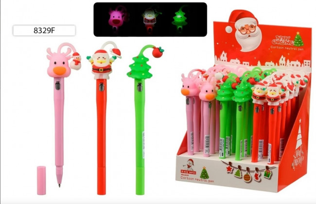Шариковая ручка: детская "НОВОГОДНИЕ"; цветной корпус /ассорти/, прорезиненный клип фонарик-Дед Мороз; цвет чернил-синий (36)