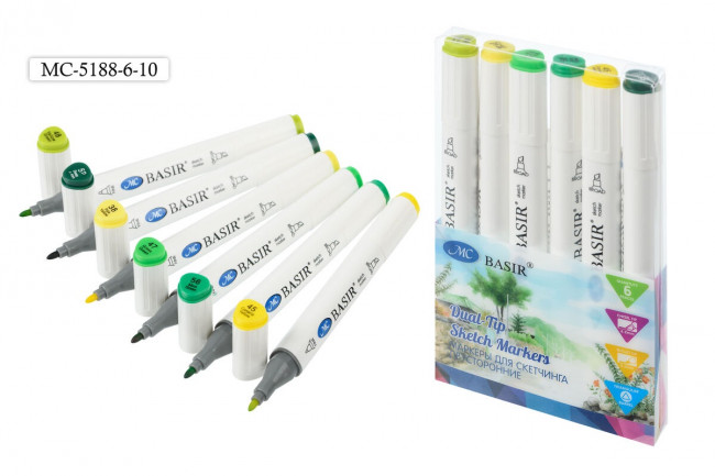 Набор скетчмаркеров: "Yellow green" (жёлтые зелёные тона); двусторонние,1,0-7,0 mm; белый треугольной формы корпус; на спиртовой основе; пластиковая упаковка, 6 цветов. Набор скетчмаркеров: "Yellow green" (жёлтые зелёные тона); двусторонние,1,0-7,0 mm; белый треугольной формы корпус; на спиртовой основе; пластиковая упаковка, 6 цветов.