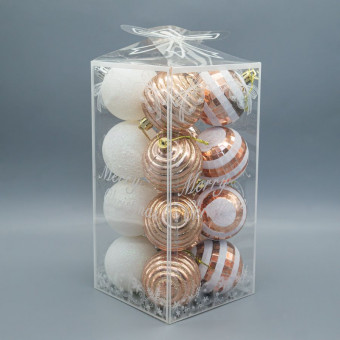 Елочное украшение шар белый-розовое золото 6см, глиттер, ребристый, 16 шт, Микрос/ч49615