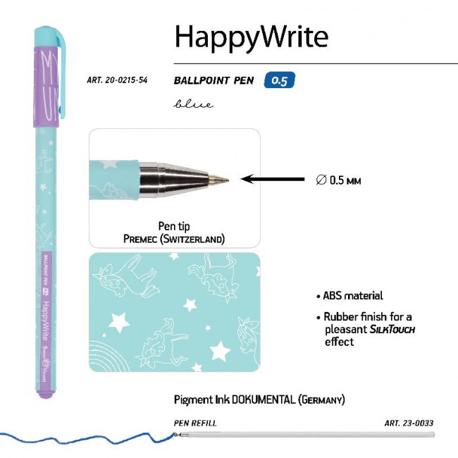 Ручка шариковая 0,5мм синяя "HappyClick. Зефирные животные. Единорог и радуга", BV/20-0215/54 (24)