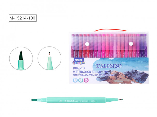 Набор маркеров 100цв акварельные, двусторонние "Talenso", наконечники: кисть и файнлайнер, Mazari Набор маркеров 100цв акварельные, двусторонние "Talenso", наконечники: кисть и файнлайнер, Mazari