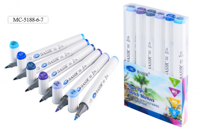 Набор скетчмаркеров: "Голубая лагуна" (голубые и фиолетовые тона); двусторонние,1,0-7,0 mm; белый треугольной формы корпус; на спиртовой основе; пластиковая упаковка, 6 цветов.