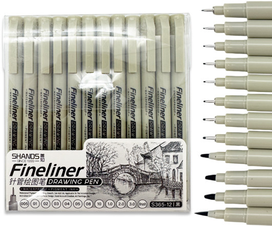 Линеры 12 шт. SHANDS DK-419 черные (0.05, 0.1, 0.2, 0.3, 0.4, 0.5, 0.8, 1.0, 1, 2, 3, кисть) с клипом, в уп. ПВХ S365-12 (1/12/144)