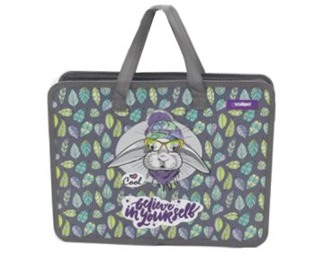 Папка для творчества А4 с ткан. ручками CQ-7609 "Зая в шапочке" пластиковая, молния сверху, серая с рисунком (1/240)