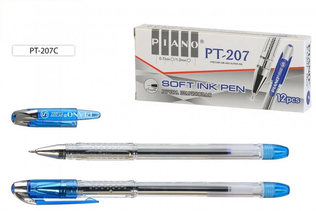 Ручка шариковая: на масляной основе, "Piano", прозрачный корпус, игольчатый наконечник,тонированный колпачок с серебристой вставкой /синяя/толщина пишущего наконечника 0,5 мм.