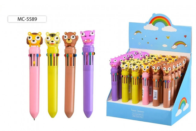 Авторучка 10-ти цветная: детская; "ЖИВОТНЫЕ"; цветной корпус /ассорти/, прорезиненный наконечник-животные.