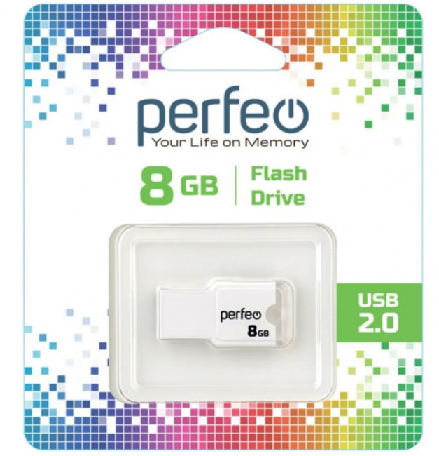 Флеш накопитель (память) USB 2.0, 8GB, цвет белый, Perfeo/PF-M01W008