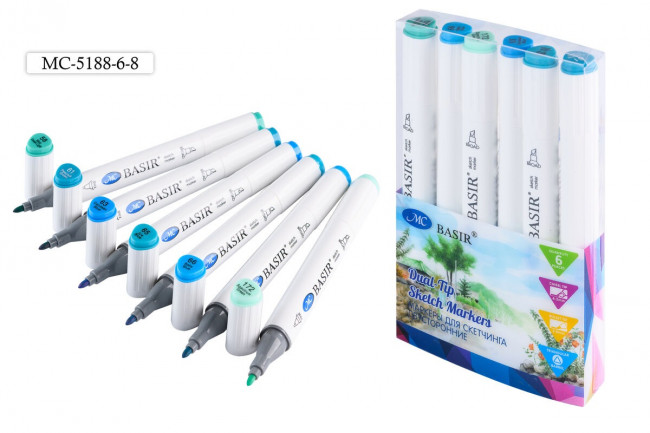 Набор скетчмаркеров: "Морской бриз" (голубые тона); двусторонние,1,0-7,0 mm; белый треугольной формы корпус; на спиртовой основе; пластиковая упаковка, 6 цветов.