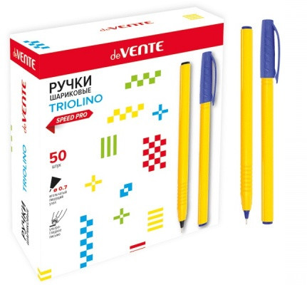Ручка шариковая "deVENTE. Triolino Sun" серия Speed Pro, d=0,7 мм, ультра гладкое письмо, чернила на масляной основе, игольчатый пишущий узел, жёлтый трехгранный корпус, рифлёная грип-зона, сменный стержень, индивидуальная маркировка, в картонной коробке,