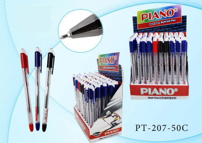 Ручка шариковая: на масляной основе, "Piano", прозрачный корпус, игольчатый наконечник,цветной колпачок с белой вставкой (3 цв: 35-синих, 10-чёрных, 5-красных).толщина пишущего наконечника 0,5 мм.