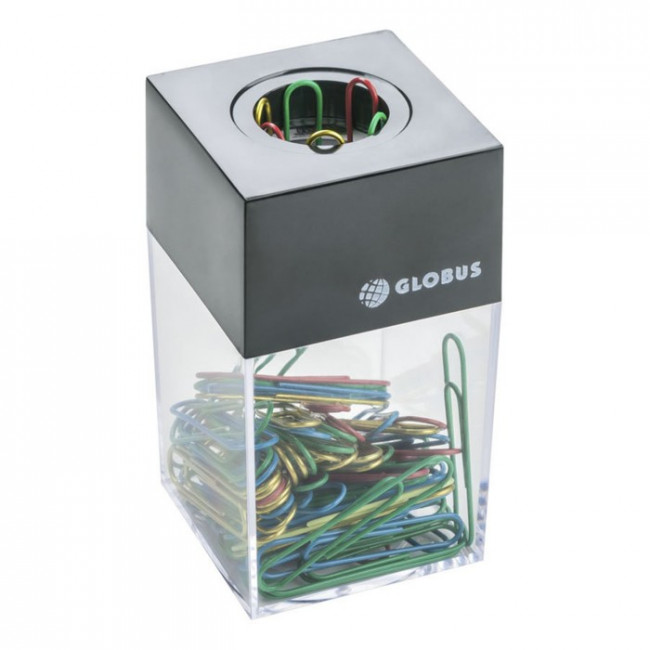 Подставка для скрепок магнитная, прямоугольная "Globus" в комплекте со скрепками (цветные 28 мм -50 шт) пластиковая, в картонной коробке, прозрачная/ДМ-28П-50 4134900